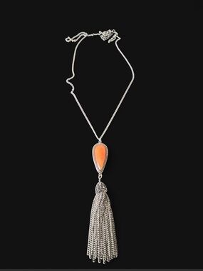 Silver Chain Necklace with Orange Teardrop and Tassel Pendant